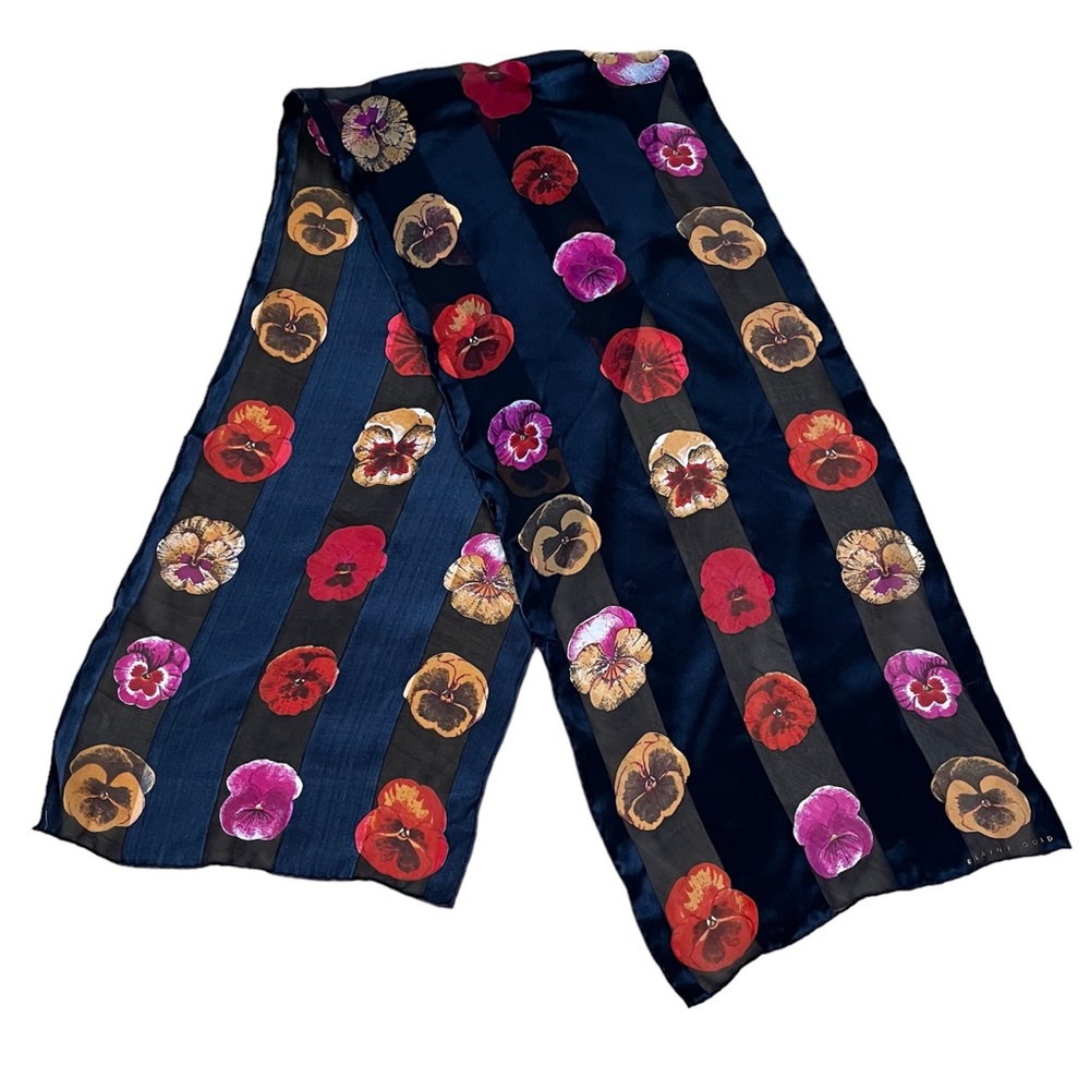 Vtg Elaine Gold Pansy Flower Blue Red Scarf 52” long